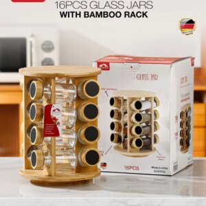 طقم بهارات ١٦ قطعة خشب بامبو Glass jars with bamboo BMH006